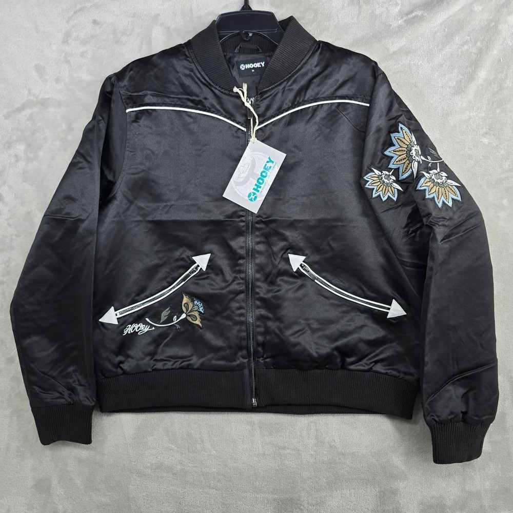 HOOEY Western Bomber Jacket‎ Black Floral Embroidered Western Style Size Medium